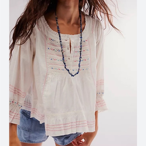 Free People Tops - Free People Ready For You Blouse White Billowy relaxed fit embroidered Sz S NEW